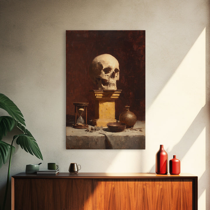 Skull and Hourglass Vanitas Still Life Framed Canvas Print, Baroque Art, Neutral Decor, Living Room Decor, Fine Art, Ornate, BAO-2x3-37