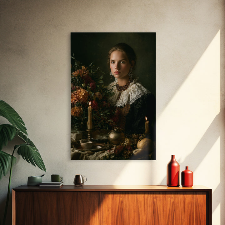 Classical Portrait with Lace Collar and Jewel Canvas Print, Baroque Art, Gallery Wall, Living Room Decor, Oil Painting, Ornate, BAO-2x3-39
