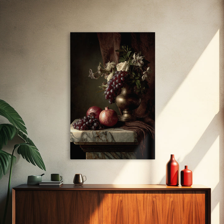 Pomegranate and Grapes on a Marble Ledge Canvas Print, Baroque Art, Moody Wall Art, Living Room Decor, Fine Art, Ornate, BAO-2x3-40