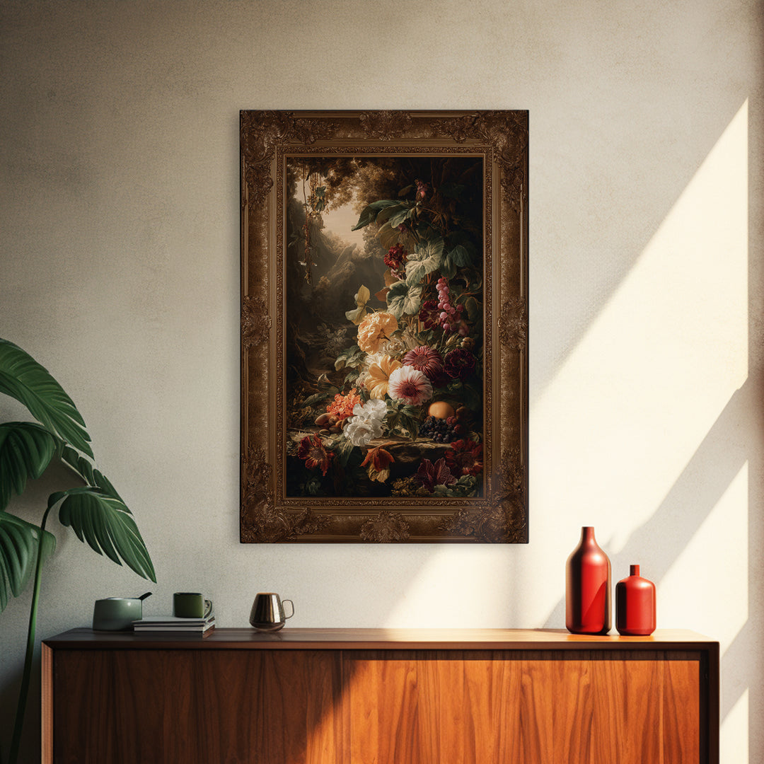 Ornate Gold Frame Illusion Around a Botanical Framed Canvas Print, Baroque Art, Modern Decor, Living Room Decor, Ornate, BAO-2x3-41
