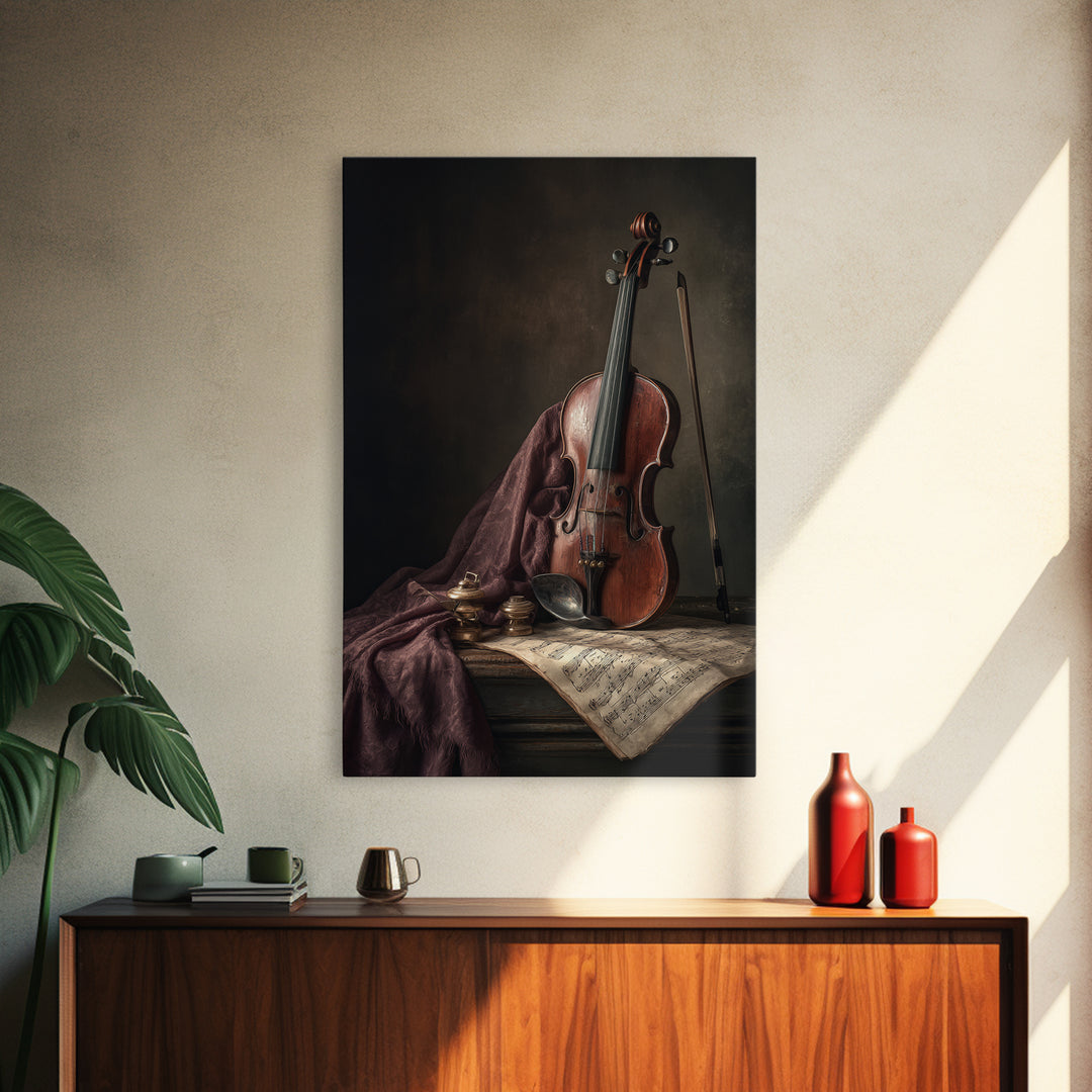 Baroque Violin and Sheet Music Still Life Framed Canvas Print, Baroque Art, Dark Academia Art, Living Room Decor, Ornate, BAO-2x3-43