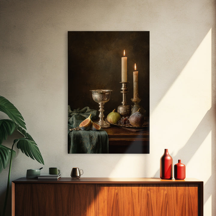 Candlelit Table with Silver Goblet and Figs Canvas Print, Baroque Art, Fine Art Print, Living Room Decor, Fine Art, Ornate, BAO-2x3-45