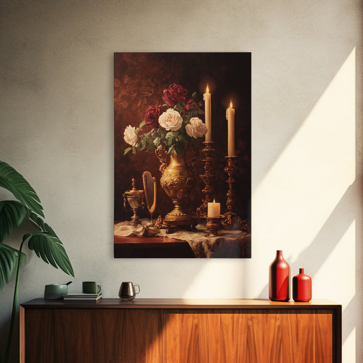 Golden Harp and Roses Canvas Print, Baroque Art, Gallery Decor, Living Room Decor, Fine Art, Ornate, Minimalist Decor, BAO-2x3-50
