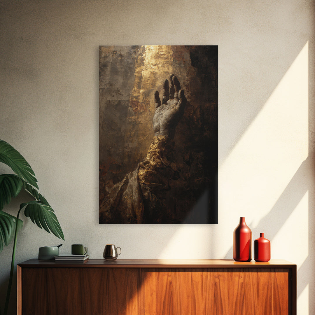 Angelic Hand Reaching Through Clouds Framed Canvas Print, Baroque Art, Boho Decor, Living Room Decor, Oil Painting, Ornate, BAO-2x3-53