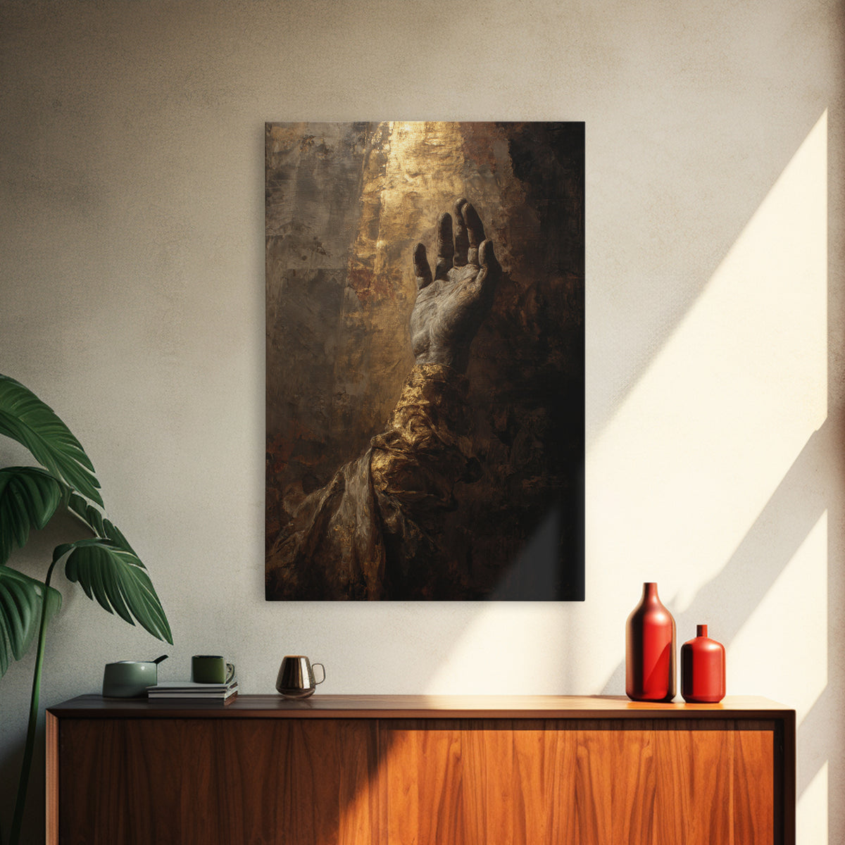 Angelic Hand Reaching Through Clouds Framed Canvas Print, Baroque Art, Boho Decor, Living Room Decor, Oil Painting, Ornate, BAO-2x3-53