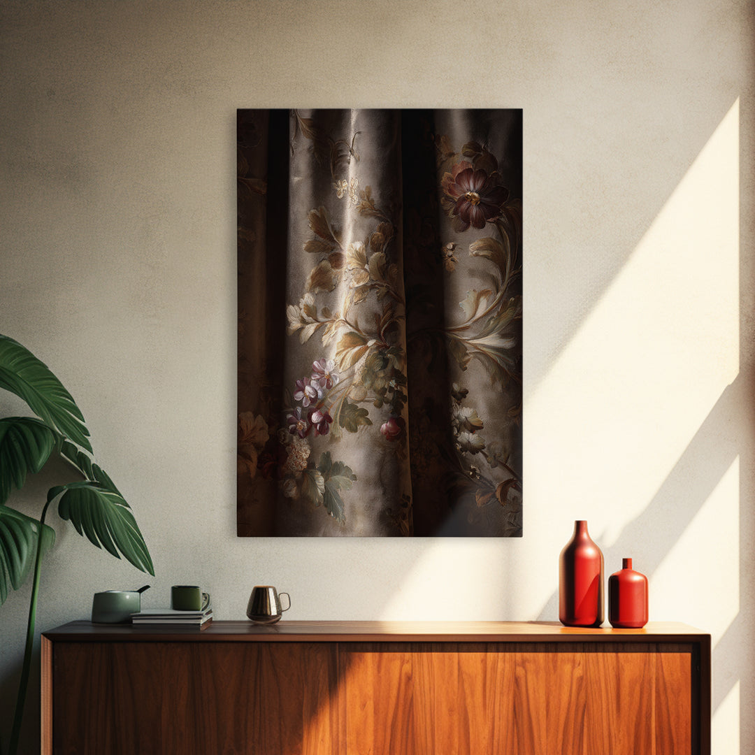 Velvet Drapery with Pearls Flowers and Candlelight Canvas Print, Baroque Art, Maximalist Wall Art, Living Room Decor, Ornate, BAO-2x3-59