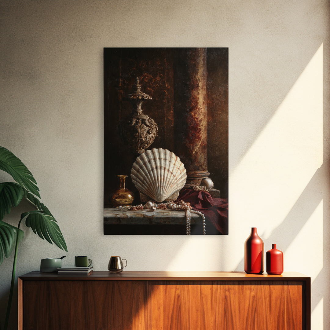 Ornamental Shell and Pearl Composition Framed Canvas Print, Baroque Art, Feminist Art, Living Room Decor, Fine Art, Ornate, BAO-2x3-6