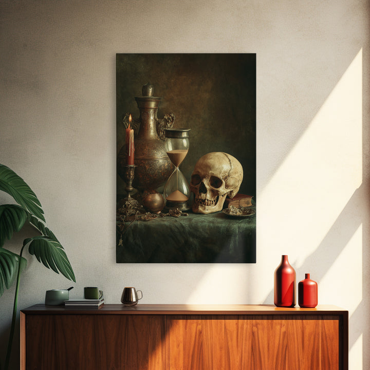 Skull and Hourglass Vanitas Still Life Canvas Print, Baroque Art, Luxury Decor, Living Room Decor, Ornate, Oil Painting, BAO-2x3-61
