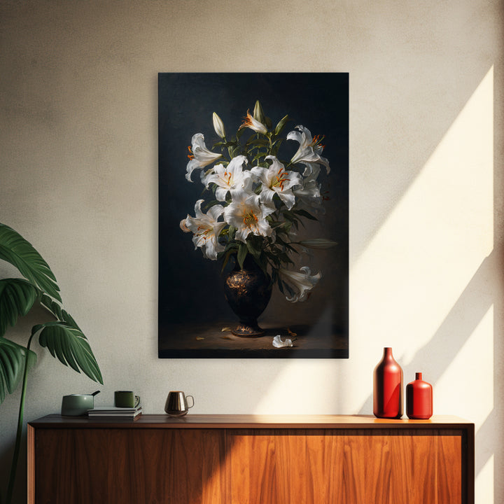 Dramatic White Lilies Framed Canvas Print, Baroque Art, Modern Decor, Living Room Decor, Fine Art, Ornate, Poster, Painting, BAO-2x3-68
