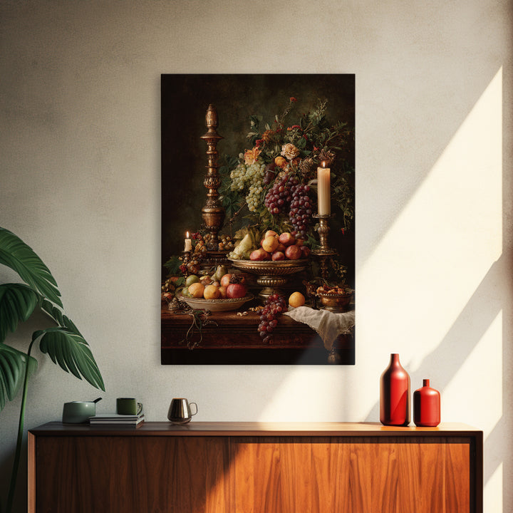 Lavish Banquet Fruit Composition Framed Canvas Print, Baroque Art, Textured Painting, Living Room Decor, Fine Art, Ornate, BAO-2x3-76