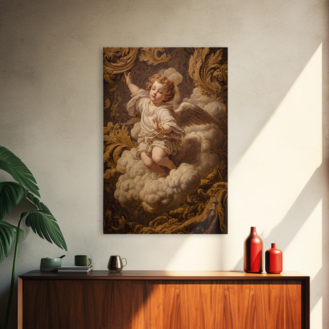 Ornate Cherub Figure Surrounded by Clouds and Canvas Print, Baroque Art, Luxury Decor, Living Room Decor, Fine Art, Ornate, BAO-2x3-82