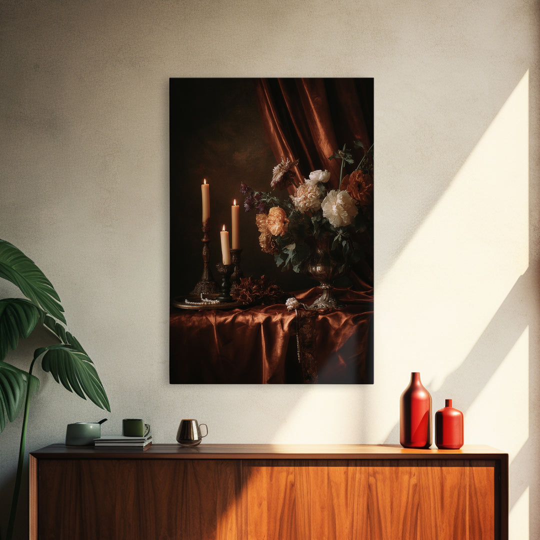Velvet Drapery with Pearls Flowers and Candlelight Framed Canvas Print, Baroque Art, Boho Decor, Living Room Decor, Ornate, BAO-2x3-83