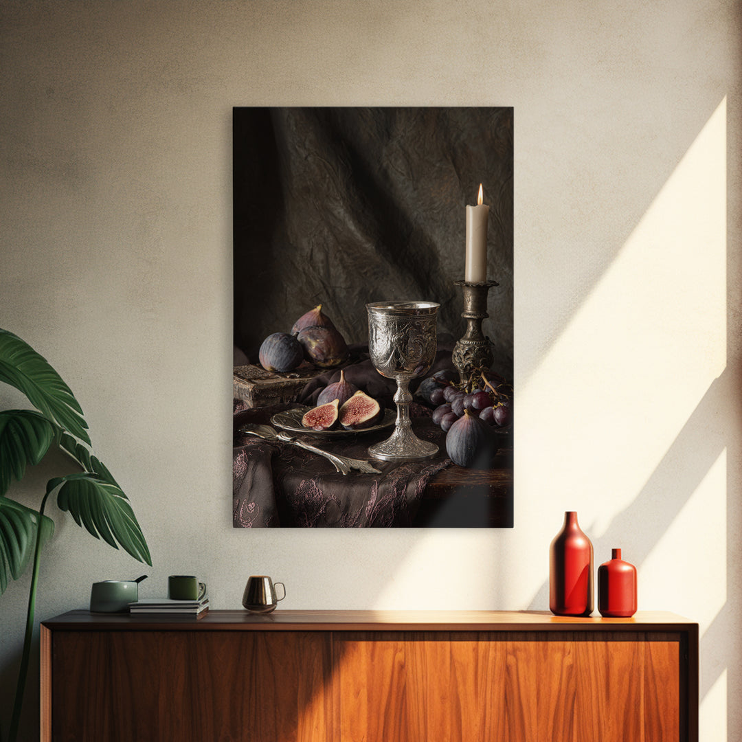 Candlelit Table with Silver Goblet and Figs Framed Canvas Print, Baroque Art, Room Decor, Living Room Decor, Fine Art, Ornate, BAO-2x3-93