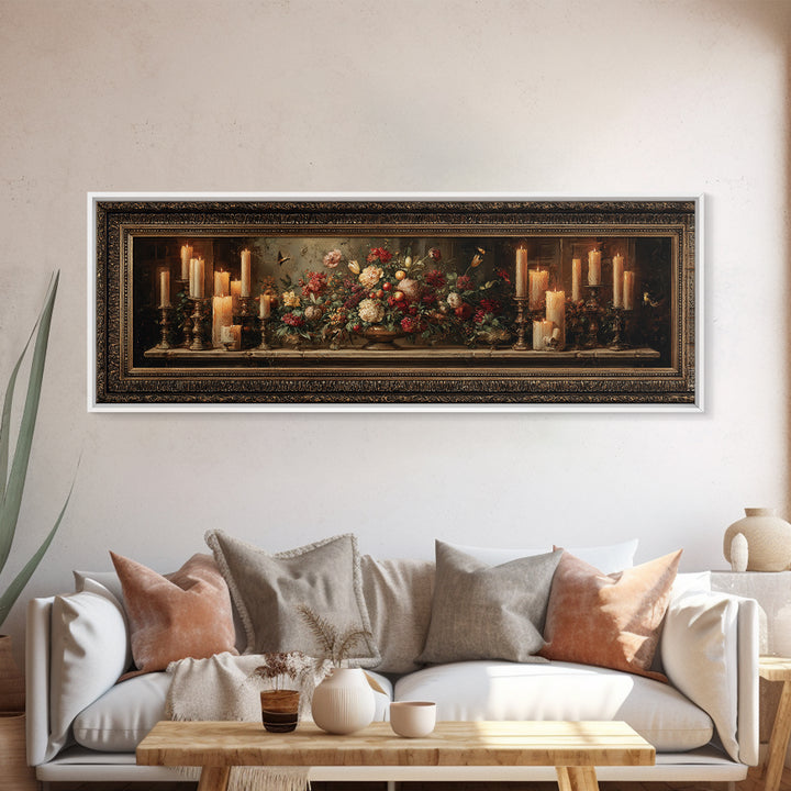 Ornate Gold Frame Illusion Around a Botanical Framed Canvas Print, Baroque Art, Wall Art, Living Room Decor, Fine Art, Ornate, BAO-3x1-1