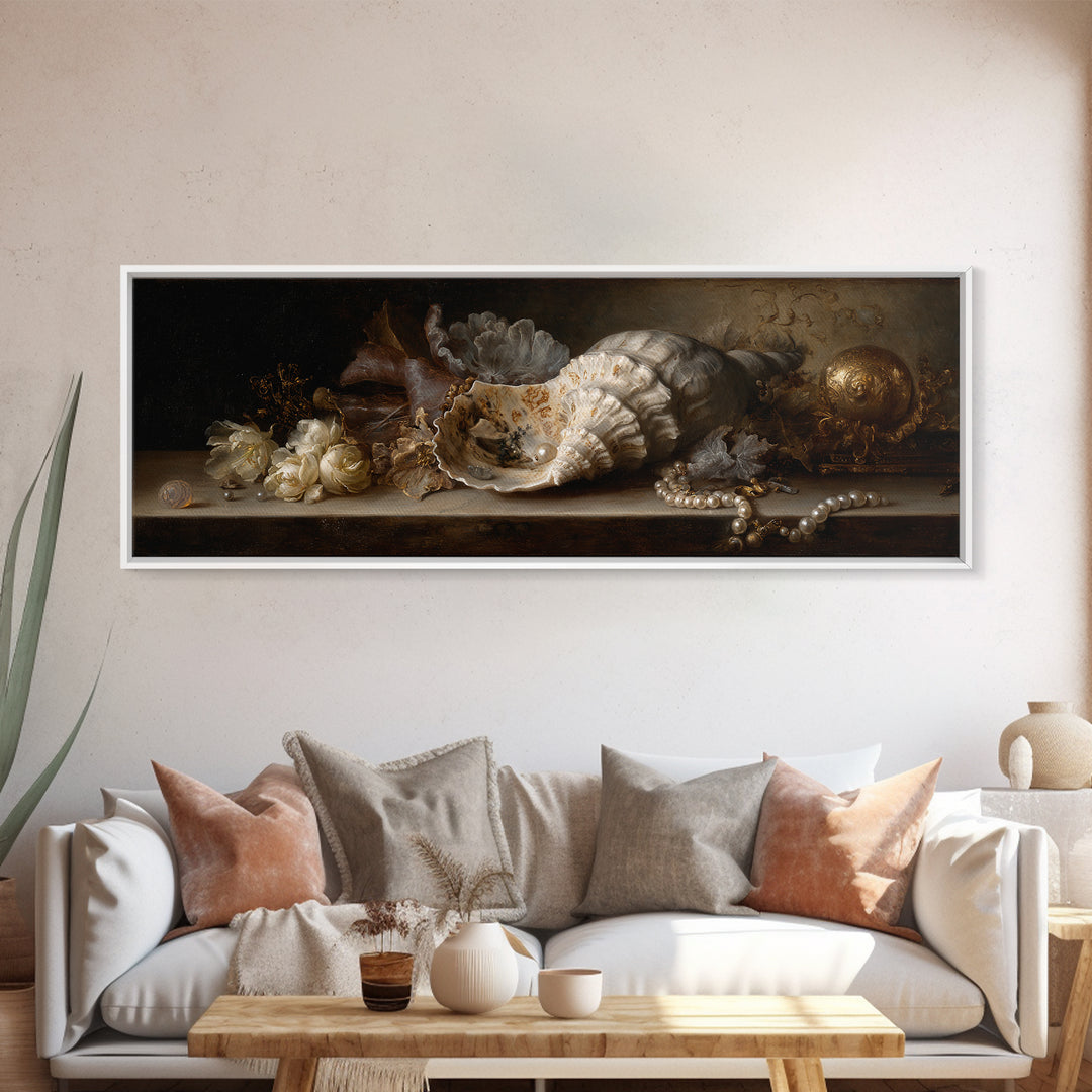 Ornamental Shell and Pearl Composition Canvas Print, Baroque Art, Gallery Wall, Living Room Decor, Ornate, Neutral Decor, BAO-3x1-14