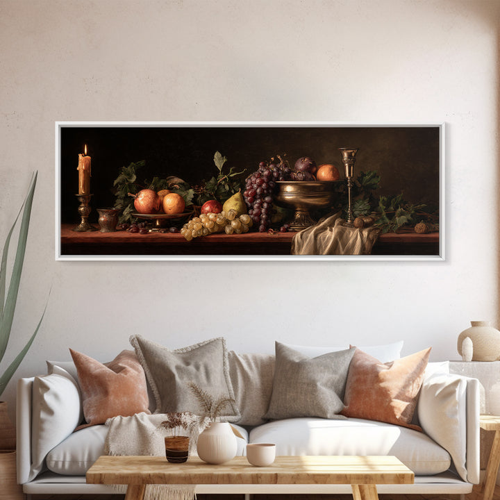 Dramatic Fruit Still Life Framed Canvas Print, Baroque Art, Decor, Living Room Decor, Fine Art, Ornate, Moody Wall Art, BAO-3x1-17