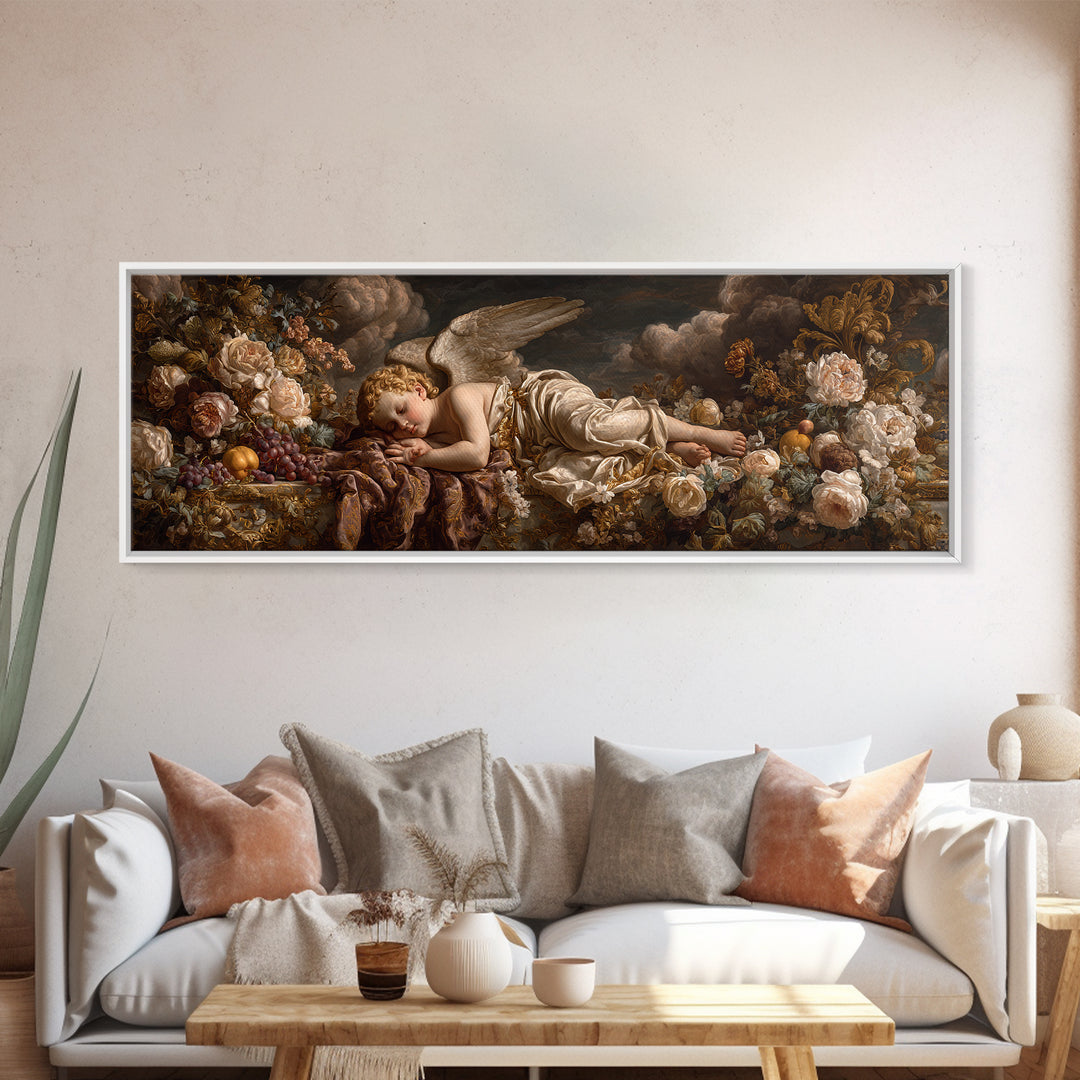 Ornate Cherub Figure Surrounded by Clouds and Framed Canvas Print, Baroque Art, Contemporary Art, Living Room Decor, Ornate, BAO-3x1-18