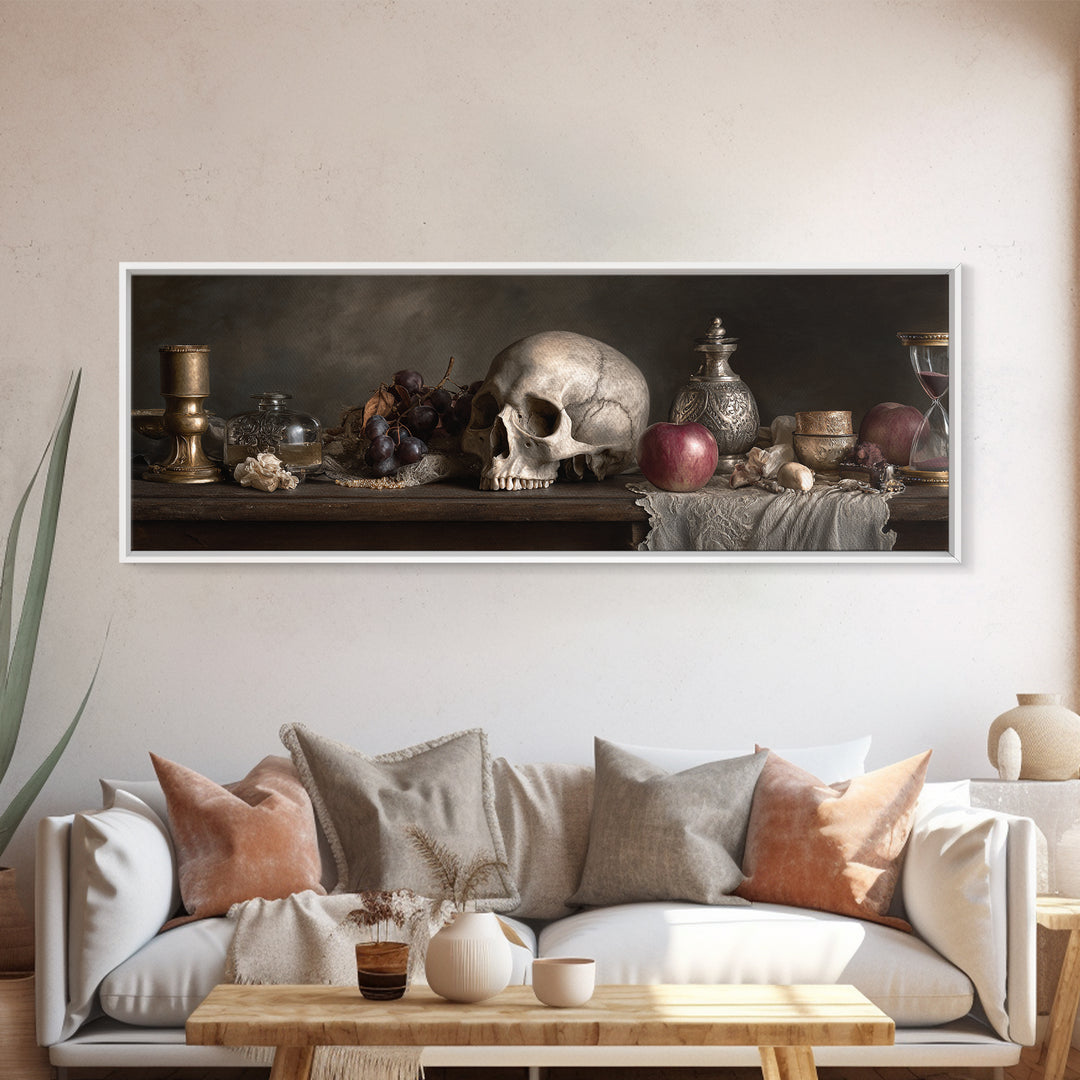 Skull and Hourglass Vanitas Still Life Canvas Print, Baroque Art, Printable Wall Art, Living Room Decor, Fine Art, Ornate, BAO-3x1-21