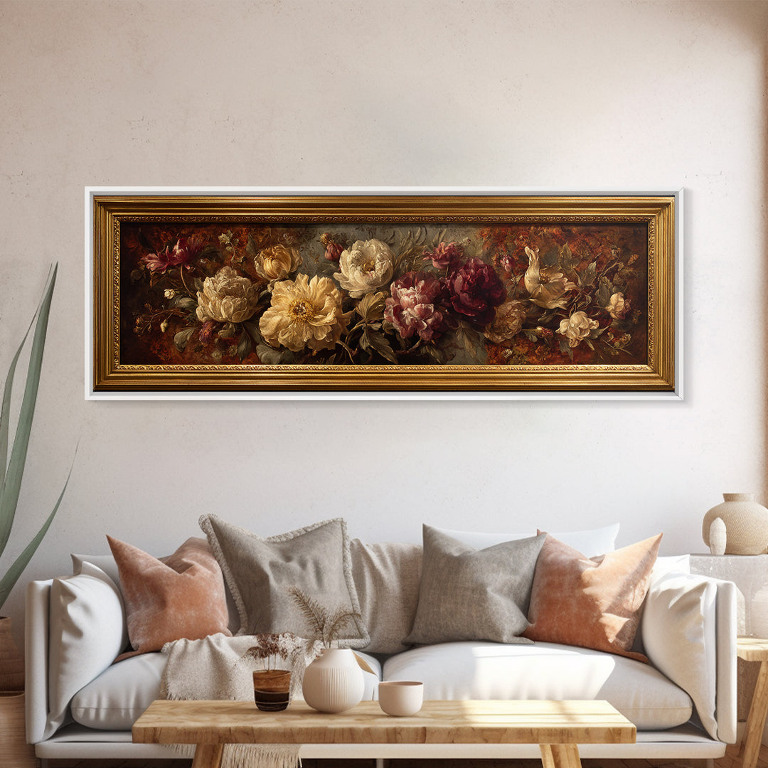Ornate Gold Frame Illusion Around a Botanical Canvas Print, Baroque Art, Canvas, Living Room Decor, Fine Art, Ornate, BAO-3x1-25