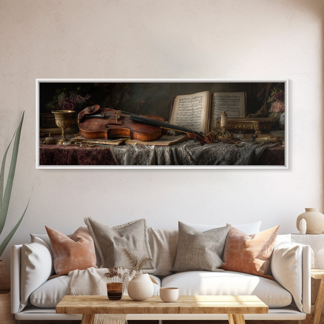 Baroque Violin and Sheet Music Still Life Framed Canvas Print, Baroque Art, Home Decor, Living Room Decor, Fine Art, Ornate, BAO-3x1-27