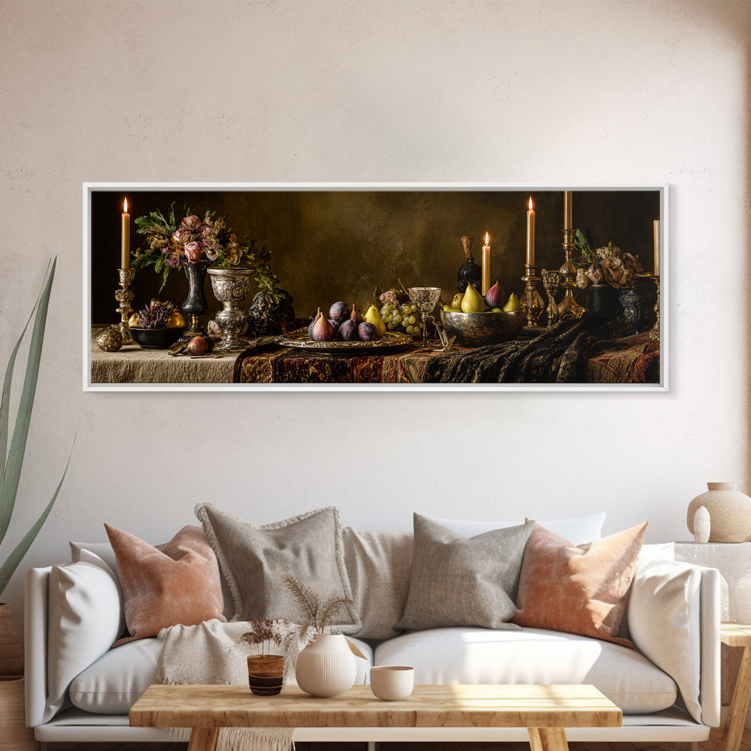 Candlelit Table with Silver Goblet and Figs Canvas Print, Baroque Art, Poster, Living Room Decor, Oil Painting, Ornate, BAO-3x1-29