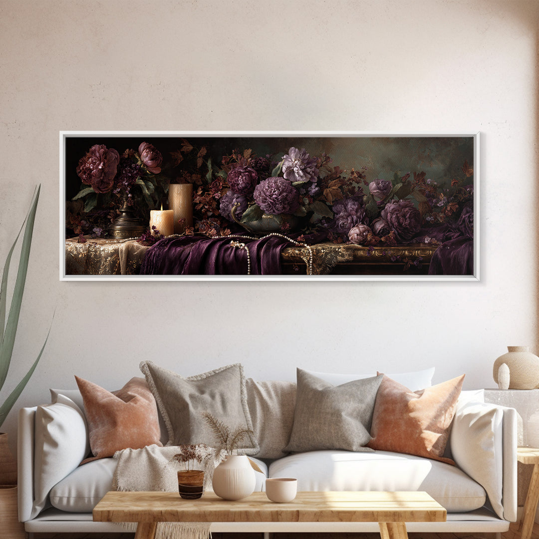 Velvet Drapery with Pearls Flowers and Candlelight Canvas Print, Baroque Art, Art Print, Living Room Decor, Fine Art, Ornate, BAO-3x1-43