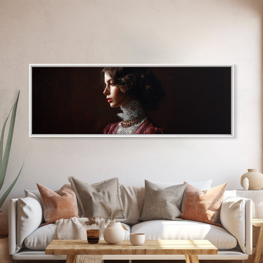 Classical Portrait with Lace Collar and Jewel Framed Canvas Print, Baroque Art, Room Decor, Living Room Decor, Fine Art, Ornate, BAO-3x1-47