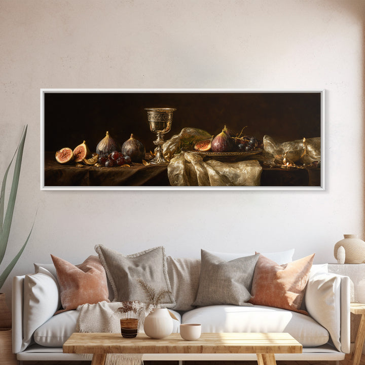 Candlelit Table with Silver Goblet and Figs Framed Canvas Print, Baroque Art, Oil Painting, Living Room Decor, Fine Art, Ornate, BAO-3x1-53