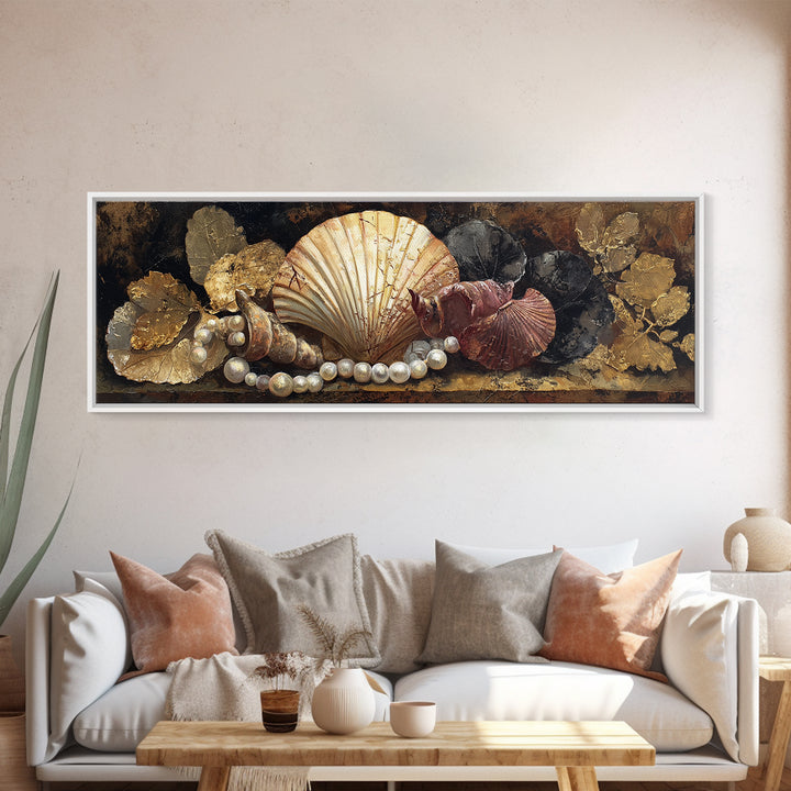 Ornamental Shell and Pearl Composition Canvas Print, Baroque Art, Gallery Wall, Living Room Decor, Oil Painting, Ornate, BAO-3x1-62