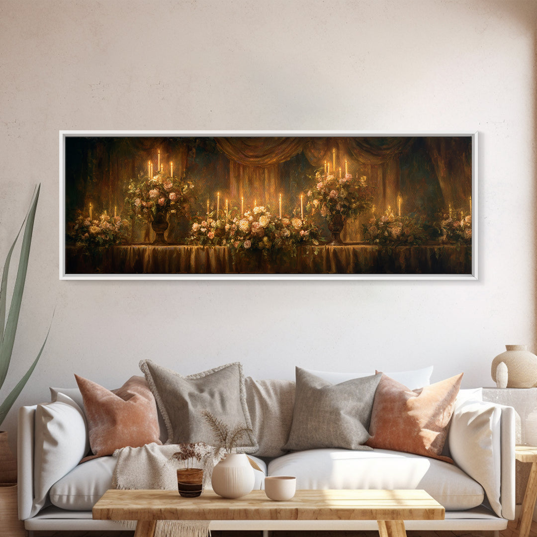 Velvet Drapery with Pearls Flowers and Candlelight Framed Canvas Print, Baroque Art, Wall Art, Living Room Decor, Ornate, BAO-3x1-67