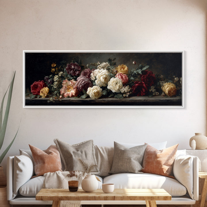 Dark Floral Arrangement Framed Canvas Print, Baroque Art, Room Decor, Living Room Decor, Fine Art, Ornate, Digital Wall Art, BAO-3x1-68