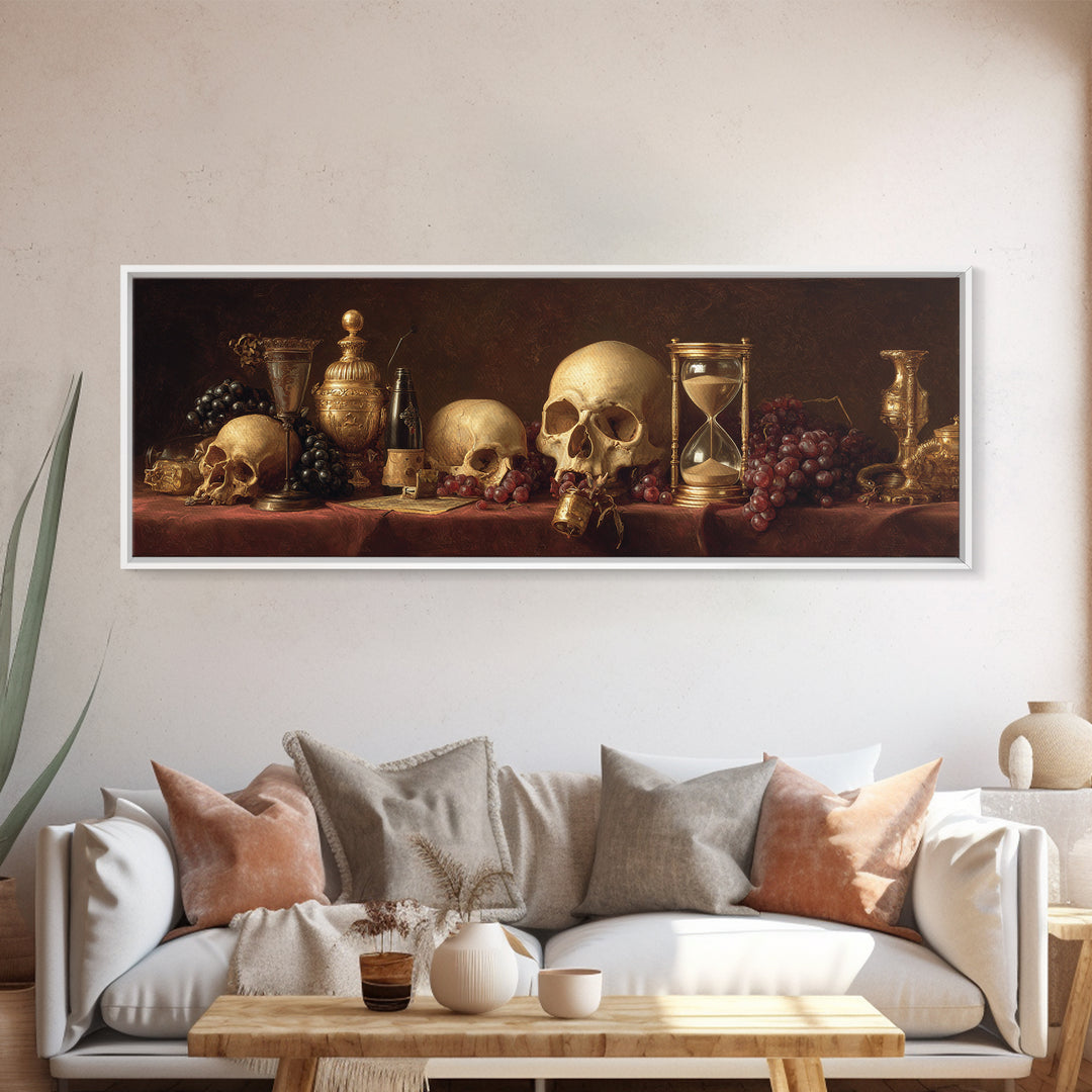 Skull and Hourglass Vanitas Still Life Framed Canvas Print, Baroque Art, Whimsical Decor, Living Room Decor, Fine Art, Ornate, BAO-3x1-69