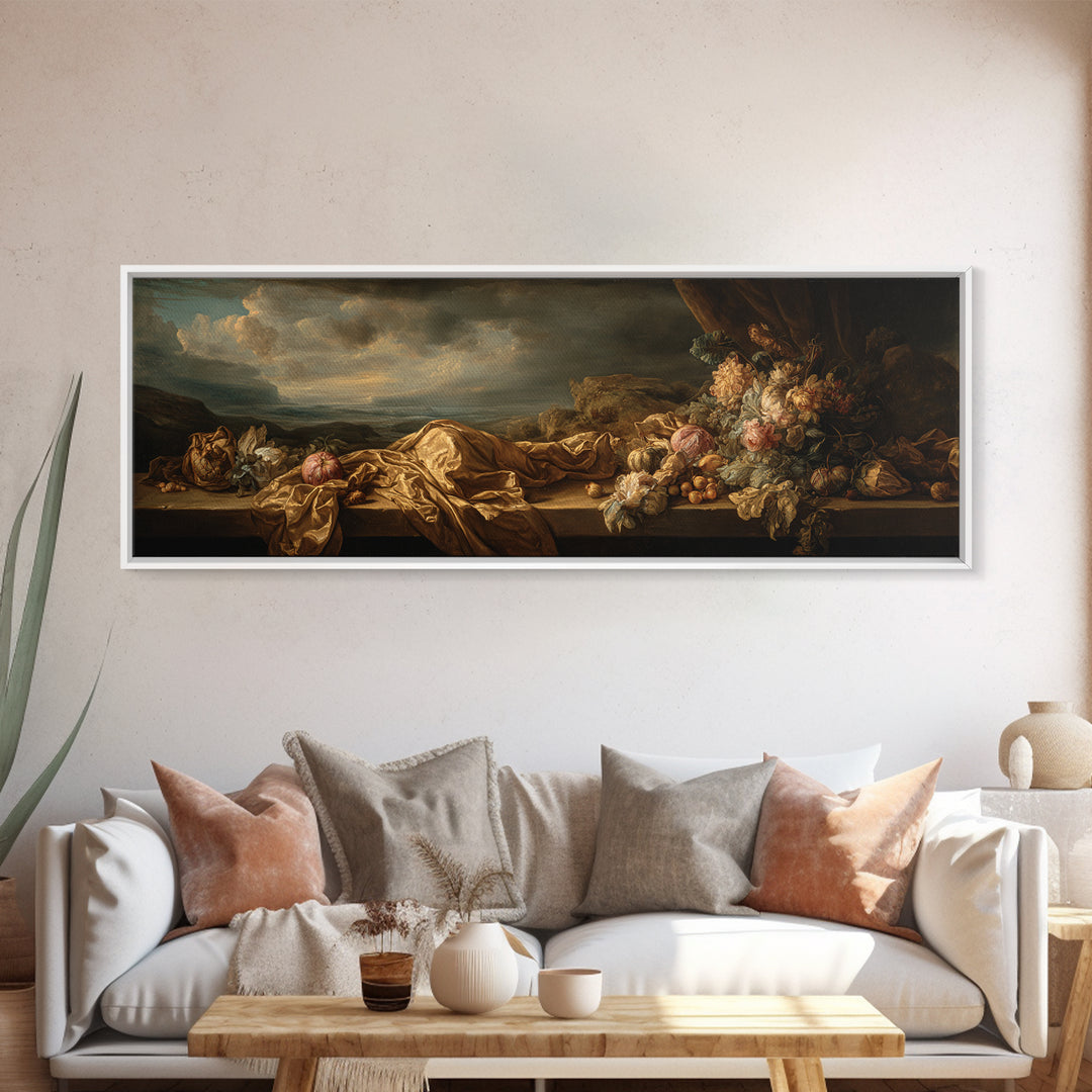 Theatrical Stormy Landscape Framed Canvas Print, Baroque Art, Oil Painting, Living Room Decor, Ornate, Eclectic Wall Art, BAO-3x1-74