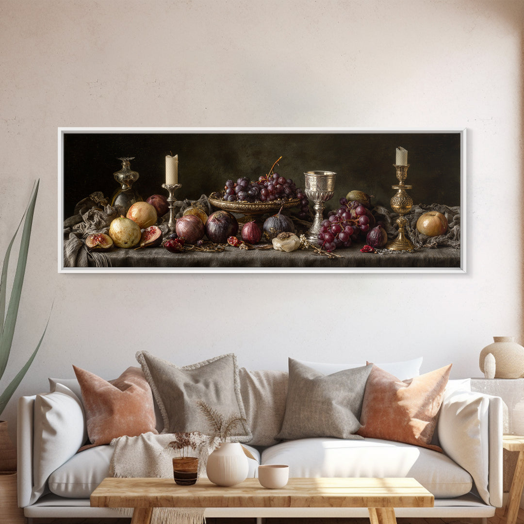 Candlelit Table with Silver Goblet and Figs Framed Canvas Print, Baroque Art, Oil Painting, Living Room Decor, Fine Art, Ornate, BAO-3x1-77
