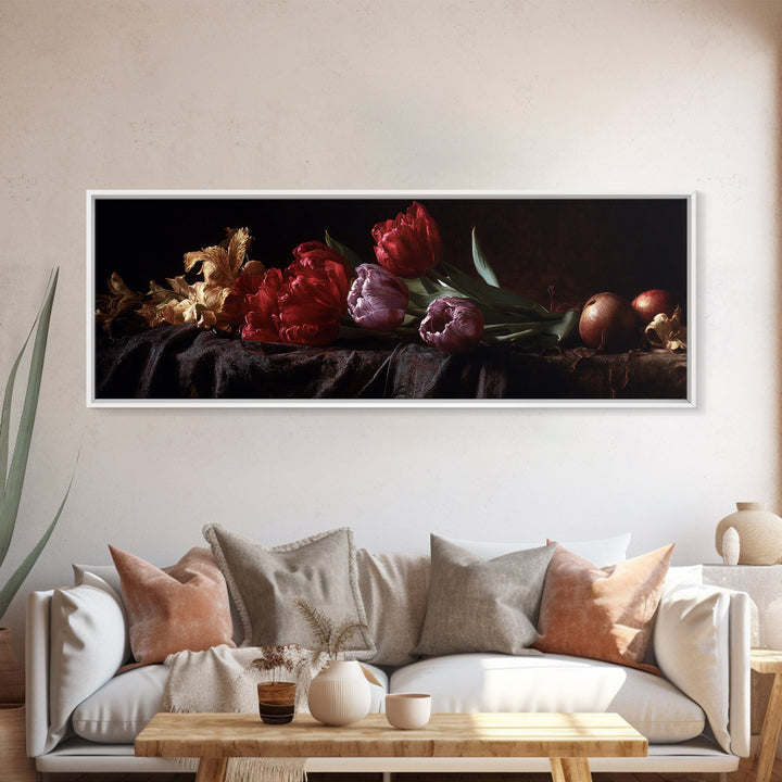 Black Background Tulips Canvas Print, Baroque Art, Gallery Wall, Living Room Decor, Ornate, Neutral Decor, Modern Decor, BAO-3x1-8