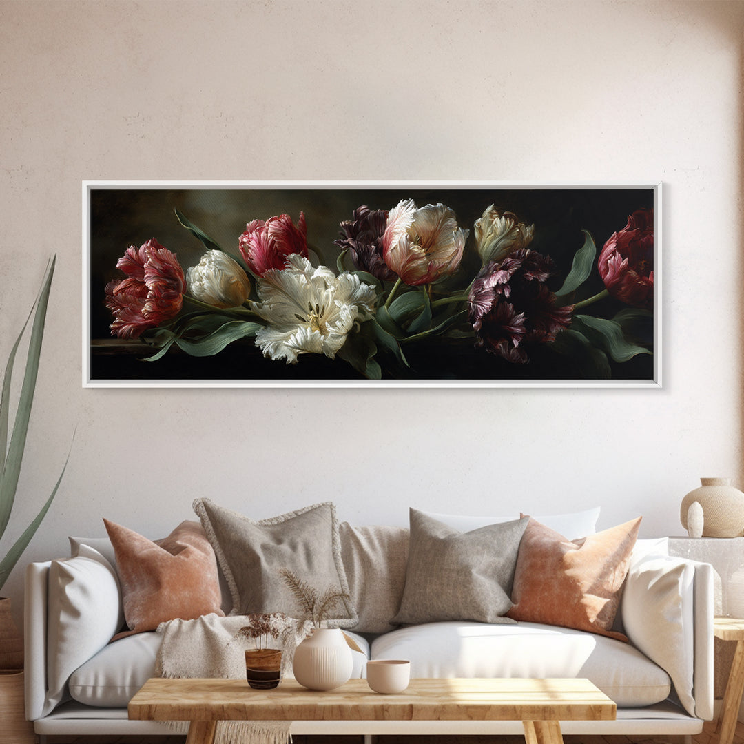 Black Background Tulips Canvas Print, Baroque Art, Minimalist Decor, Living Room Decor, Fine Art, Ornate, Whimsical Decor, BAO-3x1-80