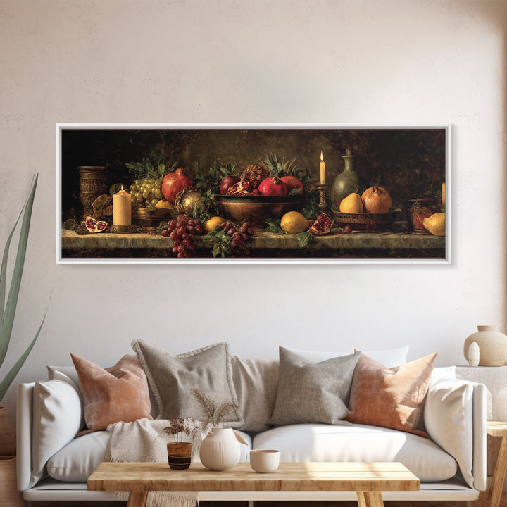 Dramatic Fruit Still Life Framed Canvas Print, Baroque Art, Living Room Wall Art, Living Room Decor, Oil Painting, Ornate, BAO-3x1-89