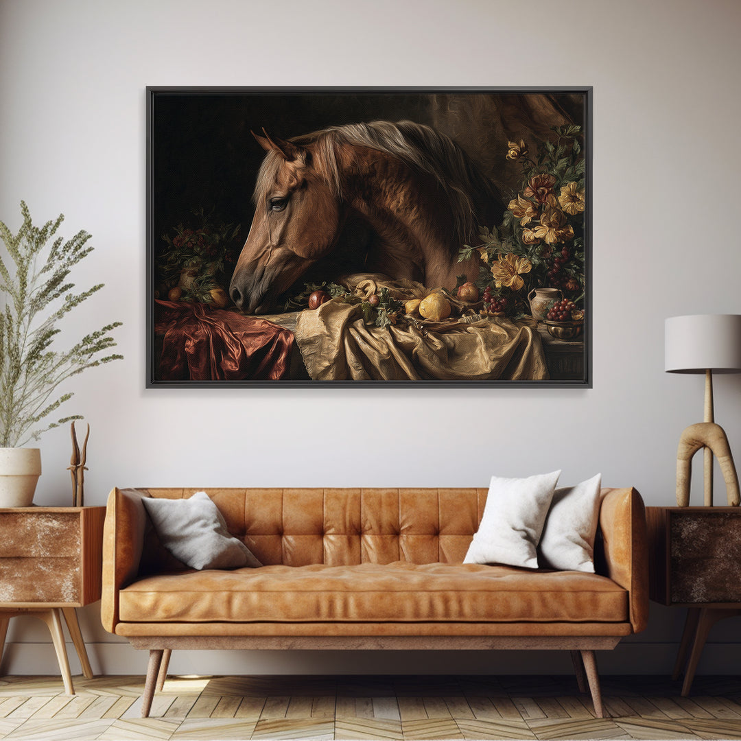 Dramatic Horse Portrait Framed Canvas Print, Baroque Art, Modern Wall Art, Living Room Decor, Oil Painting, Ornate, BAO-3x2-100