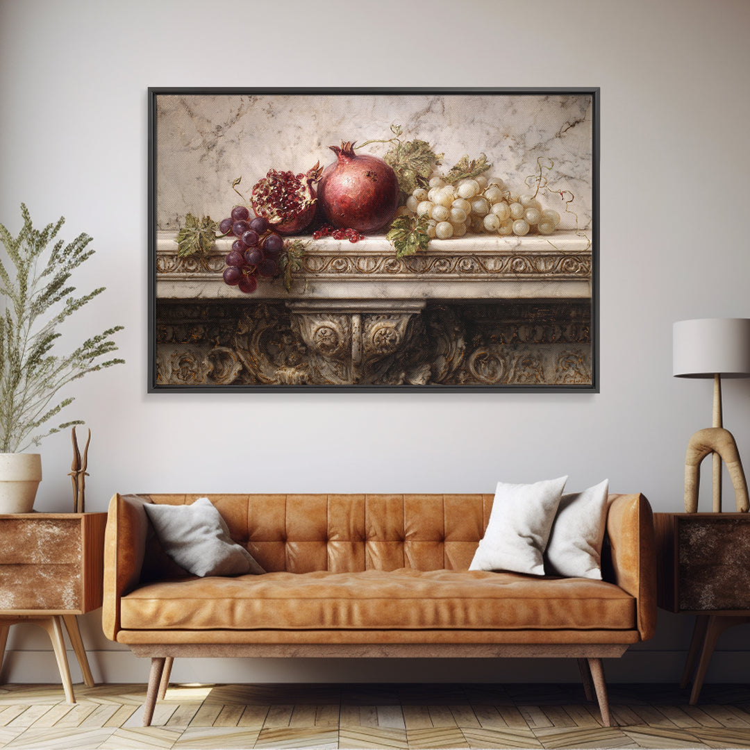 Pomegranate and Grapes on a Marble Ledge Canvas Print, Baroque Art, Luxury Decor, Living Room Decor, Fine Art, Ornate, BAO-3x2-12