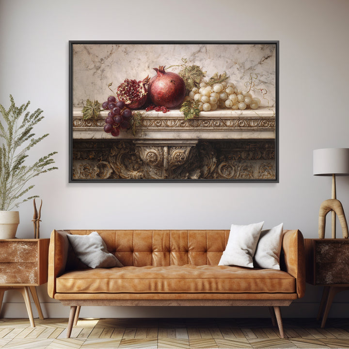 Pomegranate and Grapes on a Marble Ledge Canvas Print, Baroque Art, Luxury Decor, Living Room Decor, Fine Art, Ornate, BAO-3x2-12
