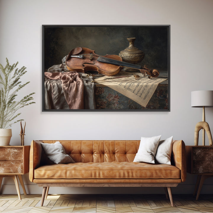 Baroque Violin and Sheet Music Still Life Framed Canvas Print, Baroque Art, Neutral Decor, Living Room Decor, Fine Art, Ornate, BAO-3x2-15