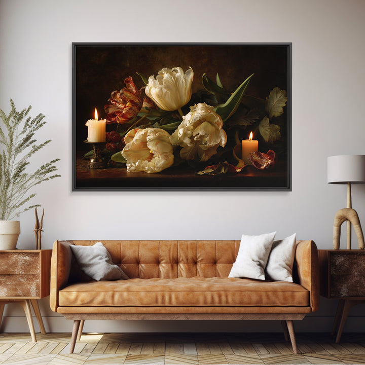 Black Background Tulips Framed Canvas Print, Baroque Art, Room Decor, Living Room Decor, Fine Art, Ornate, Digital Wall Art, BAO-3x2-20