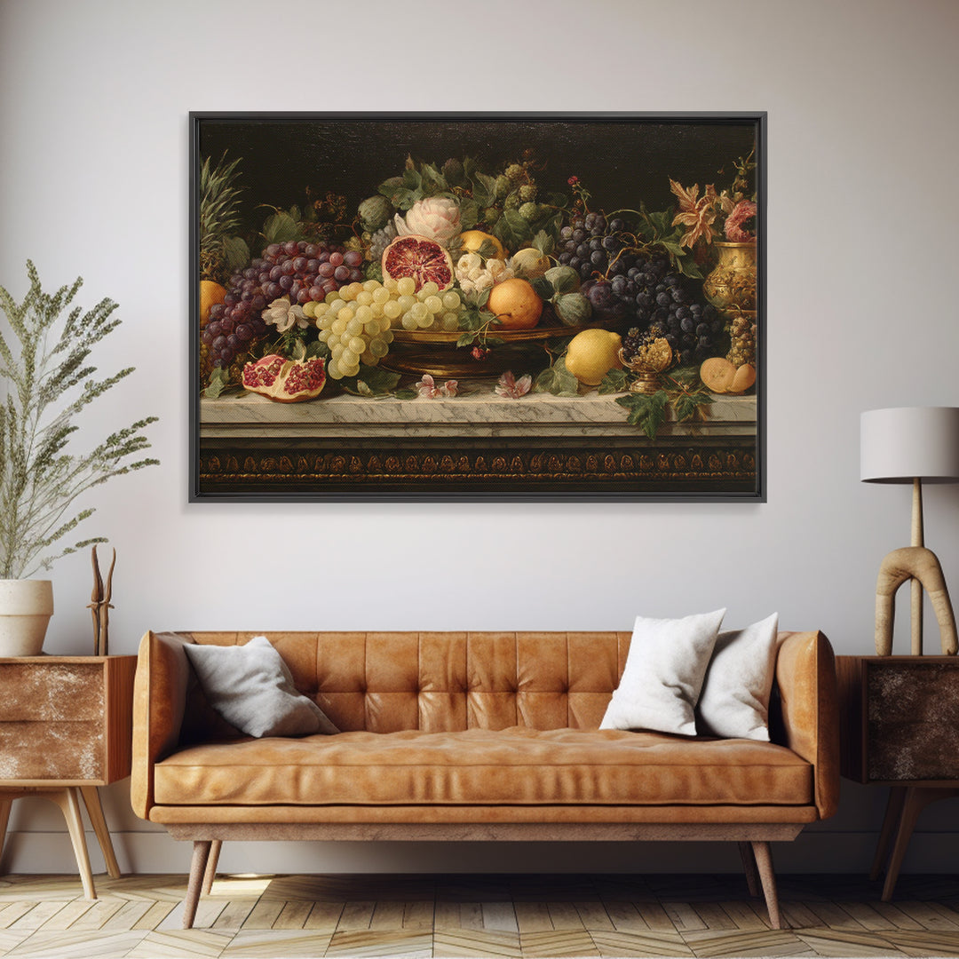 Lavish Banquet Fruit Composition Framed Canvas Print, Baroque Art, Textured Painting, Living Room Decor, Fine Art, Ornate, BAO-3x2-24