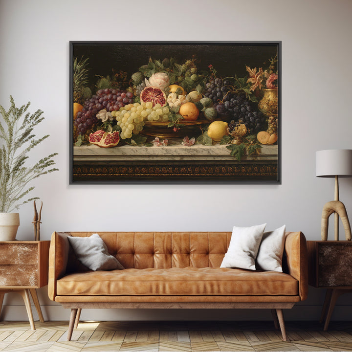 Lavish Banquet Fruit Composition Framed Canvas Print, Baroque Art, Textured Painting, Living Room Decor, Fine Art, Ornate, BAO-3x2-24