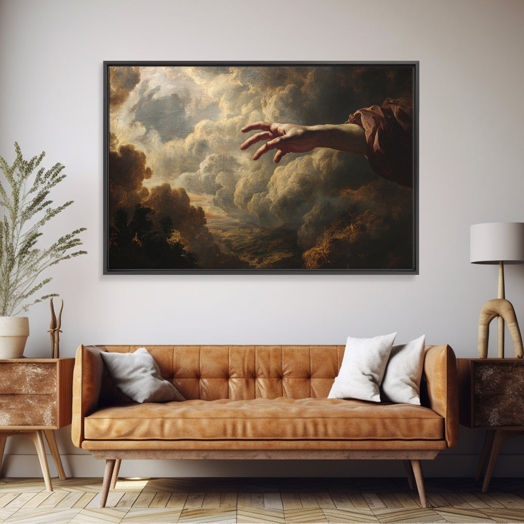 Angelic Hand Reaching Through Clouds Framed Canvas Print, Baroque Art, Painting, Living Room Decor, Abstract Art, Ornate, BAO-3x2-25