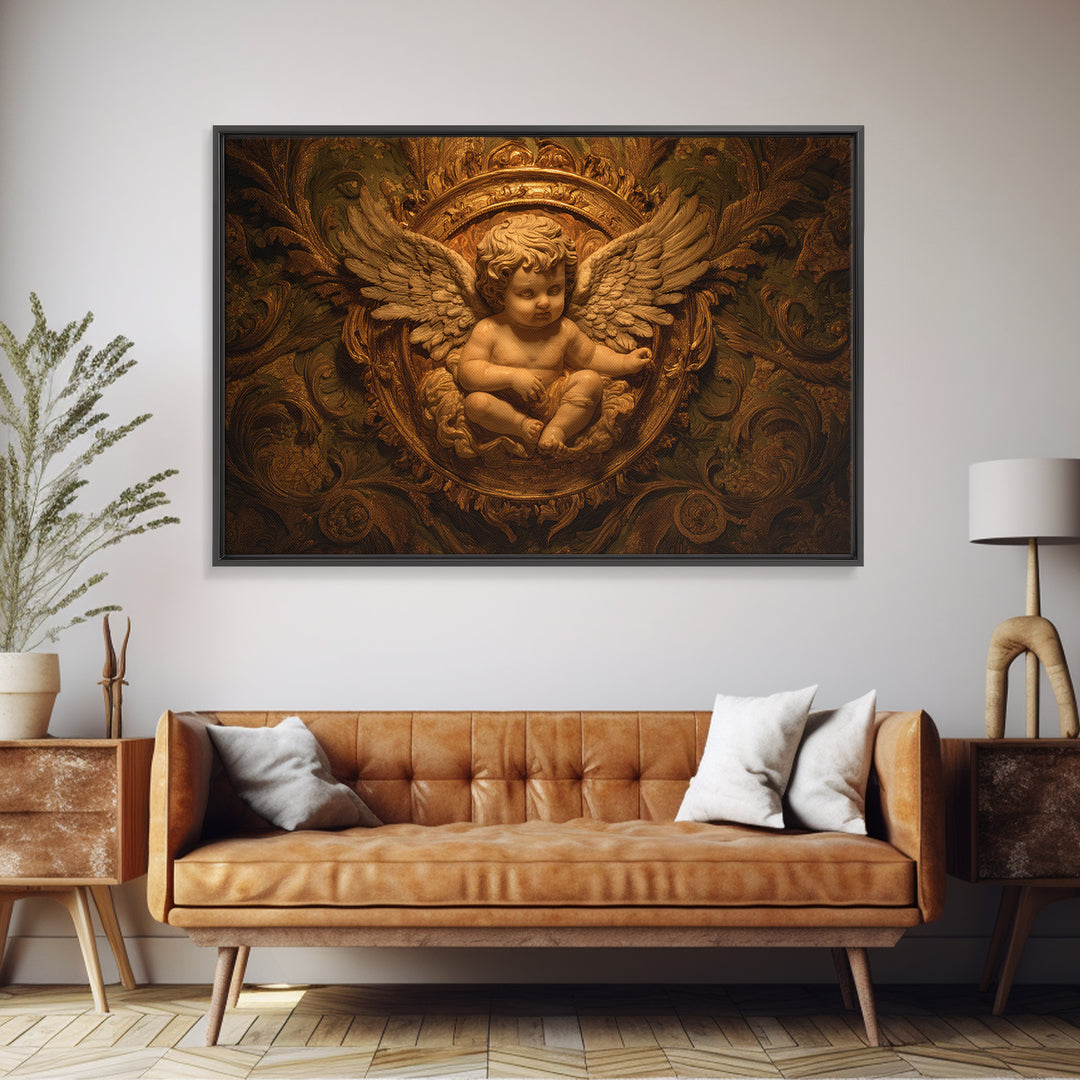 Ornate Cherub Figure Surrounded by Clouds and Canvas Print, Baroque Art, Printable Wall Art, Living Room Decor, Ornate, BAO-3x2-30