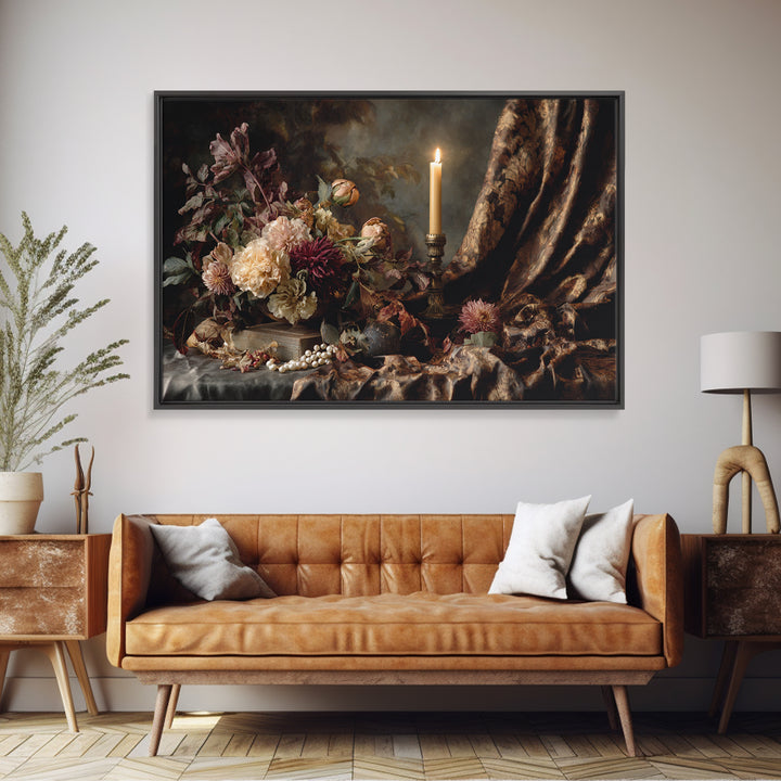 Velvet Drapery with Pearls Flowers and Candlelight Framed Canvas Print, Baroque Art, Painting, Living Room Decor, Ornate, BAO-3x2-31