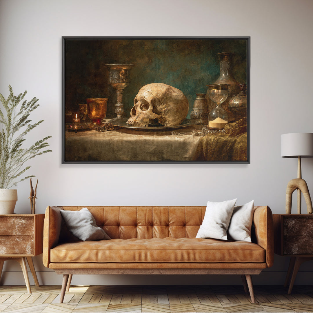Skull and Hourglass Vanitas Still Life Canvas Print, Baroque Art, Printable Wall Art, Living Room Decor, Fine Art, Ornate, BAO-3x2-33