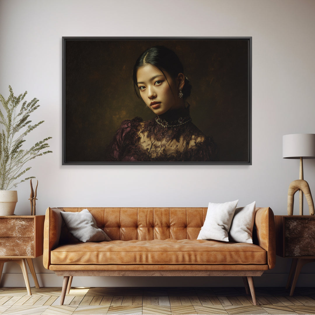 Classical Portrait with Lace Collar and Jewel Framed Canvas Print, Baroque Art, Decor, Living Room Decor, Oil Painting, Ornate, BAO-3x2-35