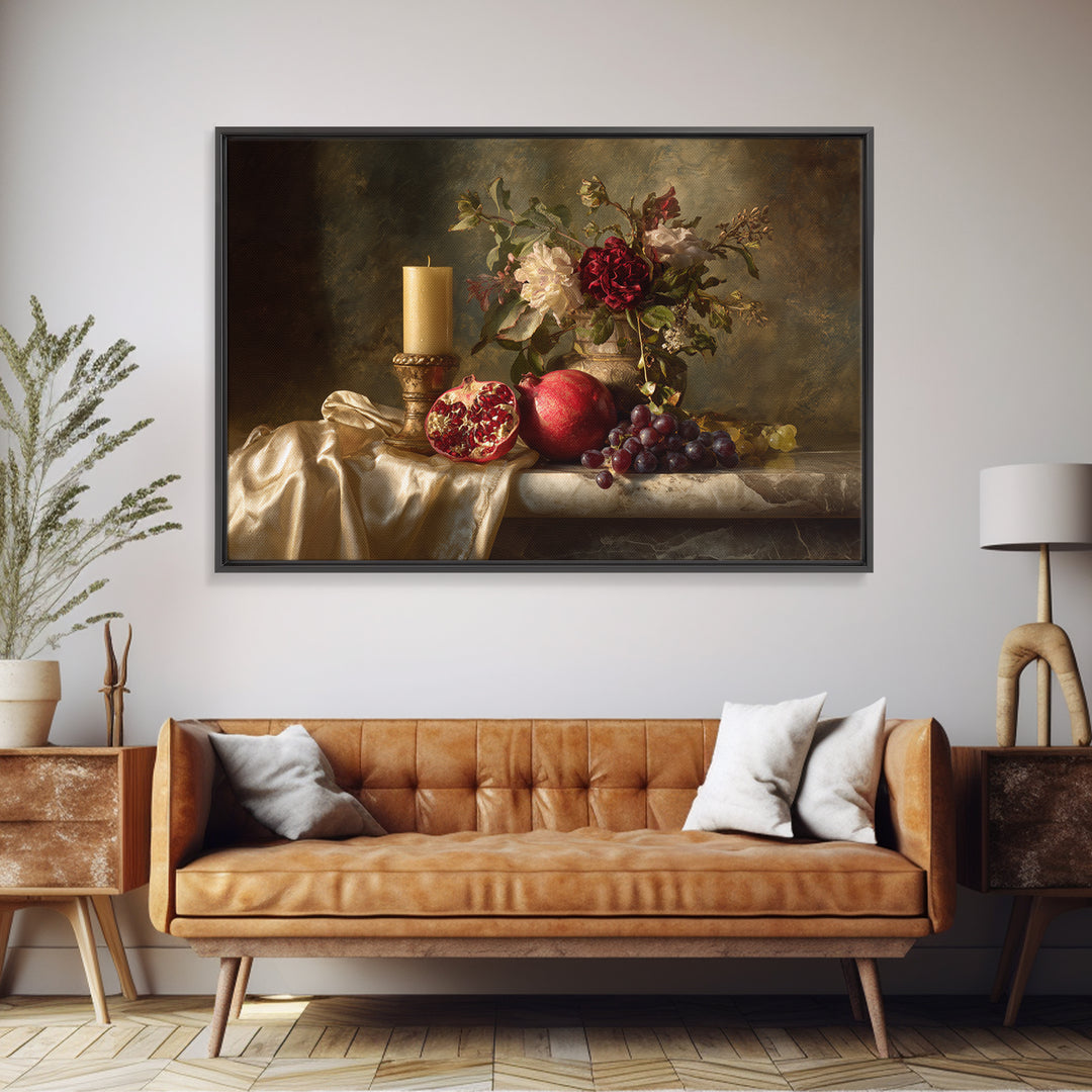 Pomegranate and Grapes on a Marble Ledge Framed Canvas Print, Baroque Art, Contemporary Art, Living Room Decor, Ornate, BAO-3x2-36